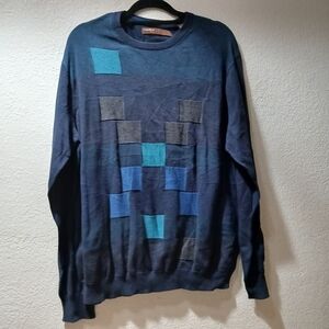 Perry Ellis 100% cotton L  Navy Crewneck Sweater with Teal & Royal Blocks